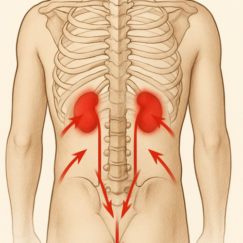 Kidney area pain: Higher up under the ribs, often radiates to sides or groin